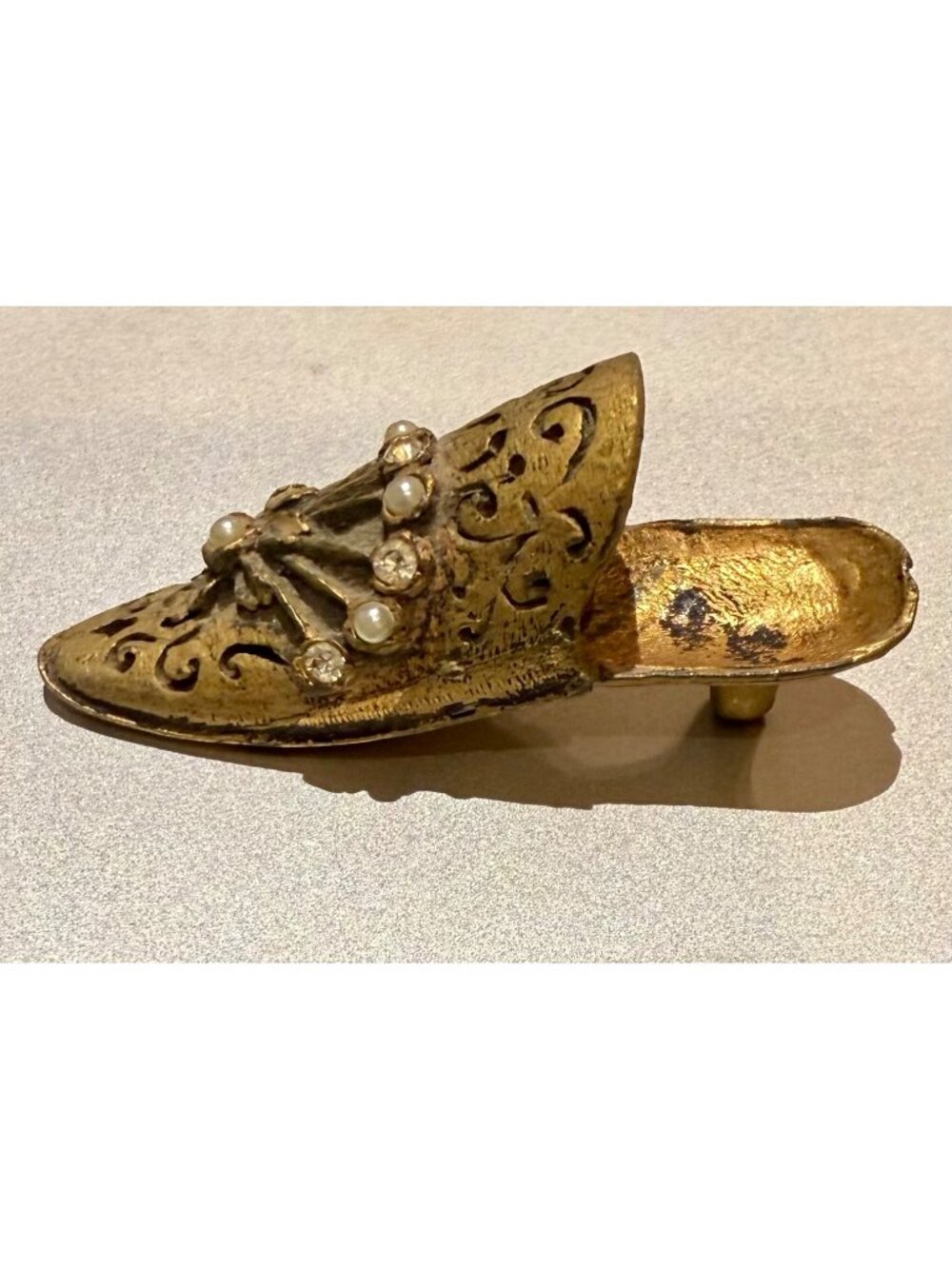 Vintage Ornate Brass Miniature Pin Cushion Shoe With Pearl & Rhinestone Accents